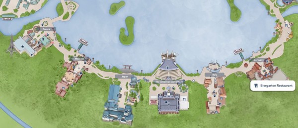 Mapa do Epcot World Showcase, destacando o Restaurante Biergarten